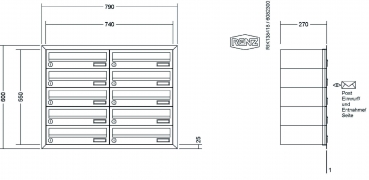 RENZ Briefkastenanlage Unterputz, Eckrahmen, Edelstahl V4A, Kastenformat 370x110x270mm, 10-teilig
